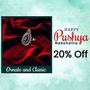 Elegant diamond ring with a blue stone on a red velvet background, advertising a Pushya Nakshatra sale.
