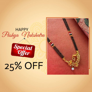 Image of a black beaded necklace with a gold pendant and text announcing a 25% off special offer for Pushya Nakshatra.