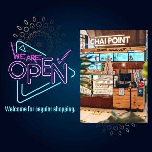 Chai Point store front with 'We Are Open' neon sign