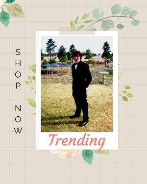 A young man in a tuxedo standing in a field with 'Shop Now' and 'Trending' text overlays.