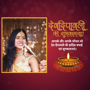 A woman holding a sparkler with Diwali greetings and a lit diya in the background.