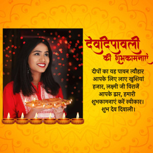 A woman holding a diya with Diwali greetings in the background.
