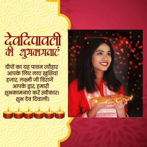 A woman holding a plate of lit diyas with Diwali greetings in Hindi and English.
