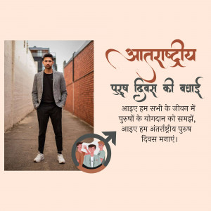 A man in a grey blazer standing against a brick wall with text in Hindi celebrating International Men's Day.