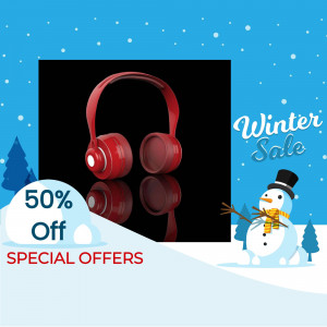 Red headphones on a reflective surface with a winter sale promotion