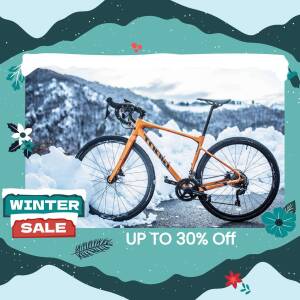 Orange Canyon Speedster gravel bike with snow background and winter sale promotion
