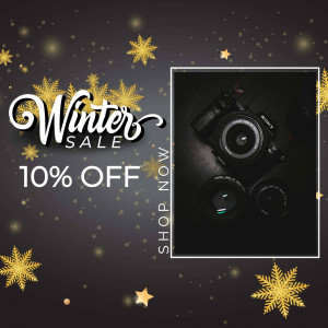 Winter sale promotion featuring a camera and lenses with a 10% discount.
