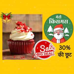Red velvet cupcake with Christmas decorations and a sale offer.