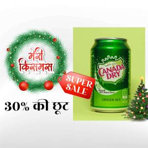 Canada Dry Ginger Ale with Christmas decorations and a sale promotion.