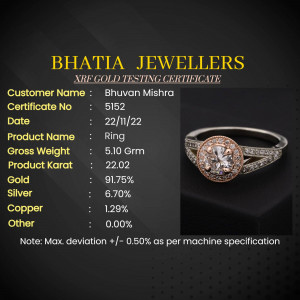 Gold ring certificate with details of purity and weight