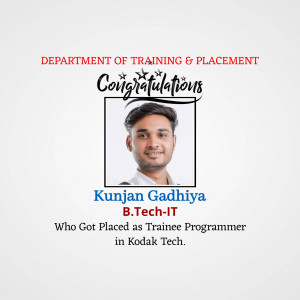 Image of Kunjan Gadhiya with placement announcement from Department of Training & Placement