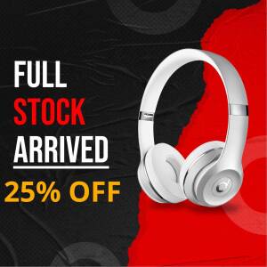 White Beats headphones on sale with a red and black background