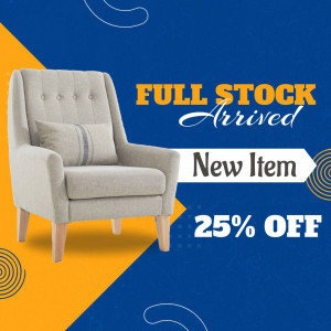 Beige armchair with 'Full Stock Arrived' and '25% Off' promotion.