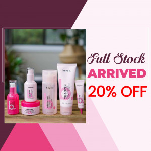 Bayon skincare products on display with a sale announcement.