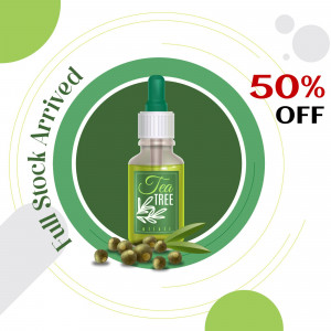 Image of a tea tree oil bottle with a 50% off promotion.