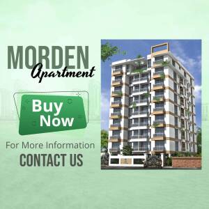 Modern apartment building with a 'Buy Now' promotion.