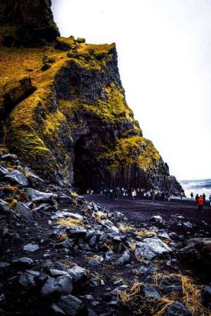 Dramatic basalt columns and black sand beach at Reynisfjara, Iceland