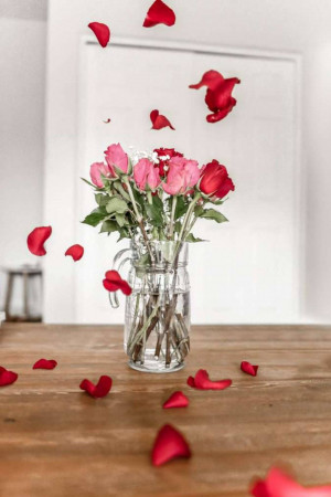 A glass vase with red and pink roses, with petals falling around it.