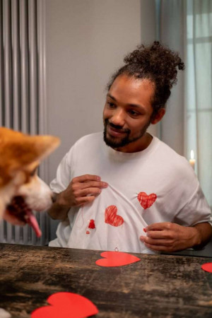 Man with a beard smiling while a cat licks red heart paint off his shirt.