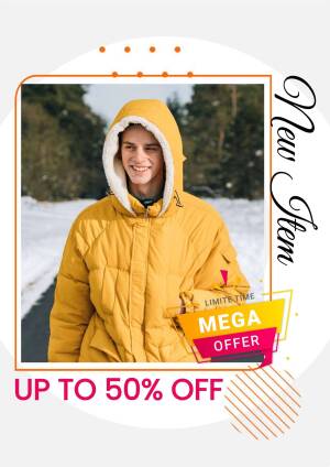 Young man wearing a yellow hooded puffer jacket in a snowy landscape with a sale promotion.