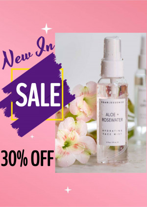 Pearlessence Aloe + Rosewater Face Mist product advertisement with sale promotion.