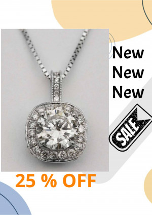 Close-up of a silver pendant necklace with a large diamond surrounded by smaller diamonds, on sale.