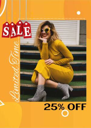 Woman in yellow outfit promoting a 25% off sale