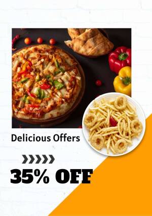 A promotional image featuring a pizza, fries, and a 35% off discount.