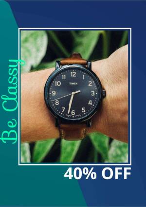 Close-up of a Timex watch on a wrist with a promotional offer