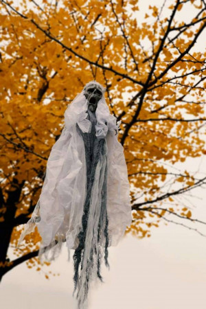 A spooky ghost decoration hanging from a tree branch with autumn leaves in the background.