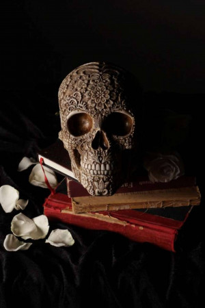 A decorative skull resting on a stack of antique books with scattered rose petals.