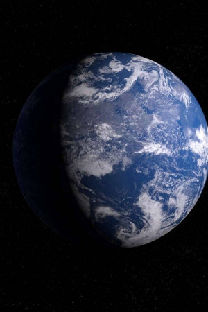 A photorealistic rendering of Earth from space, showing continents, clouds, and the ocean.