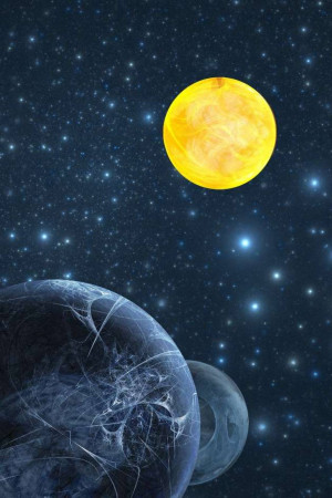 A digital illustration of a bright yellow sun and two planets against a starry night sky.