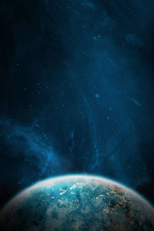 A stunning view of Earth rising above the horizon, set against a backdrop of stars and nebulae.