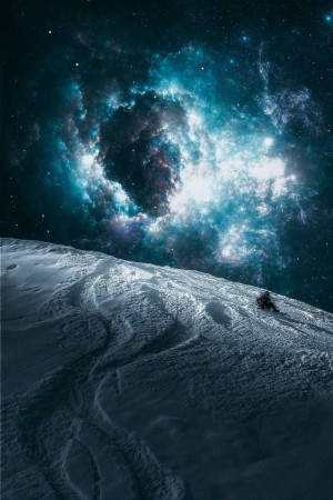 A lone figure silhouetted against a vibrant nebula and snowy landscape.