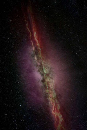 A stunning image of a bright, red and purple cosmic filament stretching across a star-filled black background.