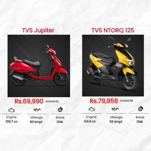 Side-by-side comparison of TVS Jupiter and TVS NTORQ 125 scooters with price and specifications.