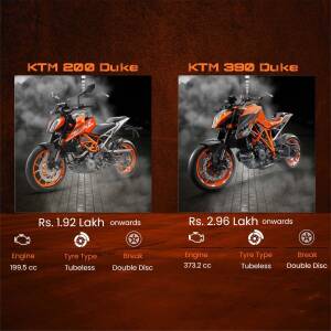 Side-by-side comparison of KTM 200 Duke and KTM 390 Duke motorcycles with price details.