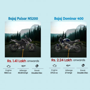 Comparison image of Bajaj Pulsar NS200 and Bajaj Dominar 400 motorcycles with price and specifications.