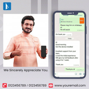 Image showing a man holding a phone with a positive WhatsApp conversation and a thank you message.