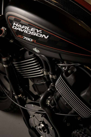 Close-up of a black Harley-Davidson XG750R motorcycle engine and fuel tank