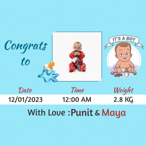 Baby announcement card with a cute baby illustration and details.
