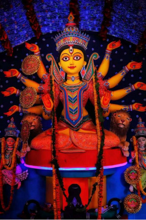 Close-up of a beautifully decorated Durga idol during Durga Puja festival