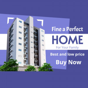 Modern apartment building with promotional text