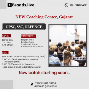 Image of a classroom with students and a teacher, advertising a new coaching center in Gujarat for UPSC, SSC, and Defence exams.