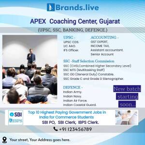 Image of a classroom with students and a teacher, advertising Apex Coaching Center in Gujarat for various competitive exams.