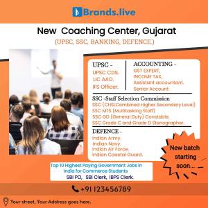 Image of a classroom with students and a coach, advertising a new coaching center in Gujarat for competitive exams.