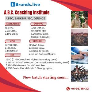 A.B.C. Coaching Institute advertisement for UPSC, Banking, SSC, and Defence exams.