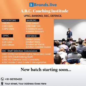 Image of a classroom with students and a coach, advertising A.B.C. Coaching Institute for UPSC, Banking, SSC, and Defence exams.