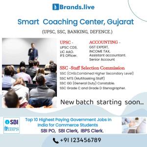 Image of a classroom with a teacher lecturing students, advertising coaching for competitive exams.